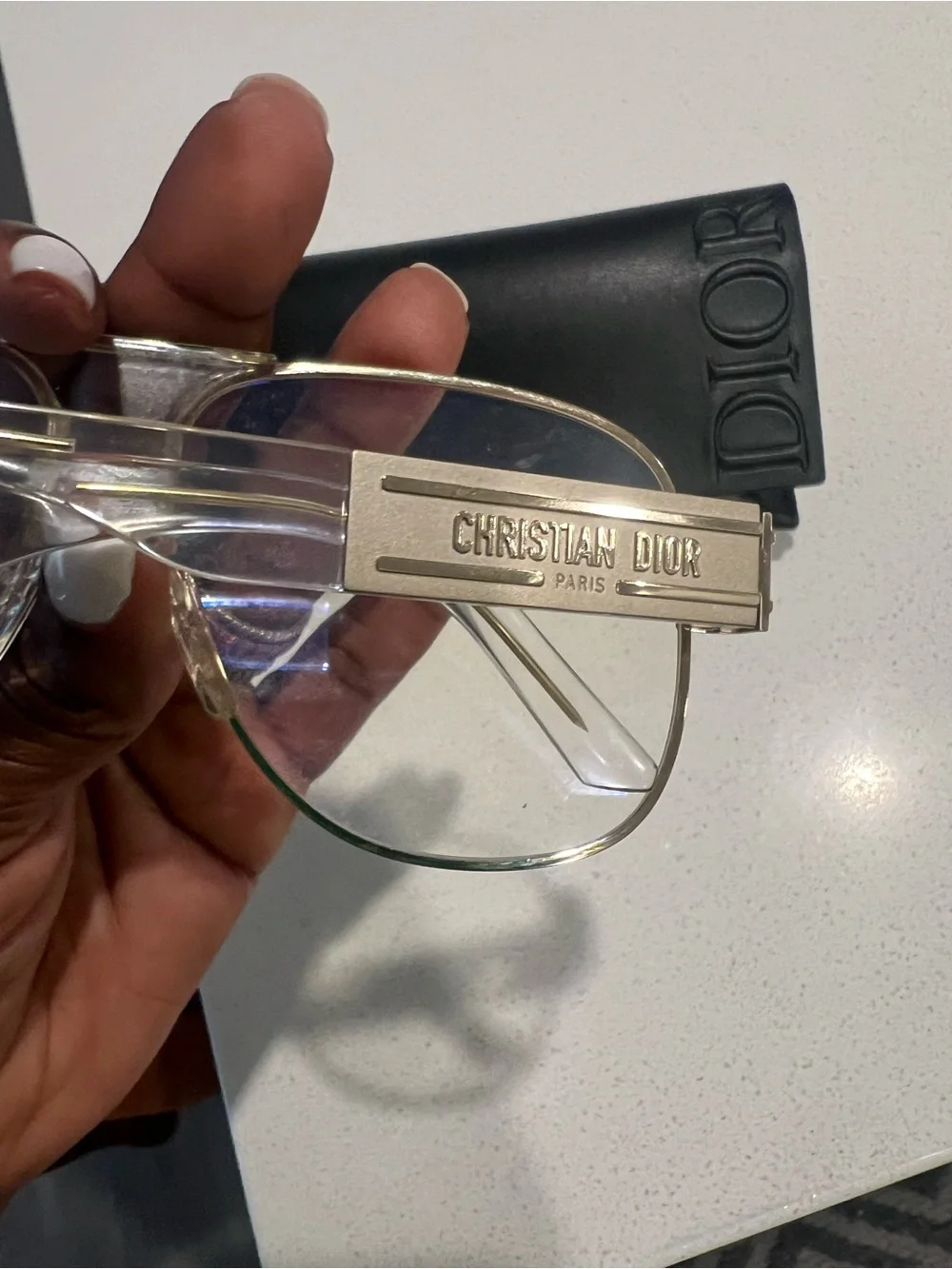 Dior Black Leather Glasses Case with Embossed Logo
